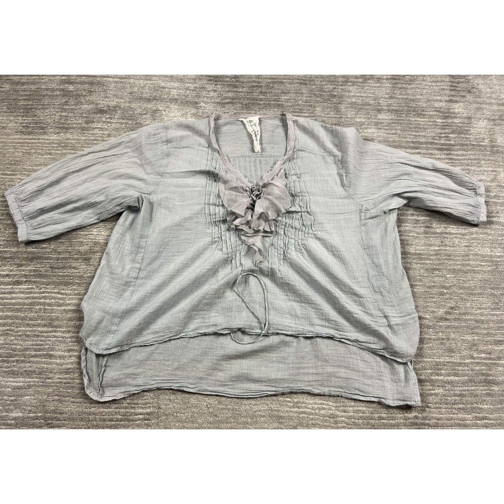 FP One Blouse Womens L Blue Gray Cotton Silk Ruffle Rosette Gauze Boho Top